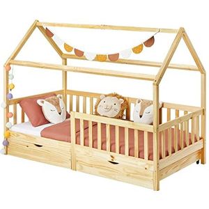 IDIMEX Huis Nuna Montessori-bed van massief grenen, 90 x 200 cm, met valbeveiliging, speelbed met laden, modern kinderbed met dak in natuur