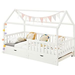 IDIMEX Huisbed Nuna van massief grenen, Montessori-bed in 90 x 200 cm met valbeveiliging, speelbed met laden, modern kinderbed met dak in wit