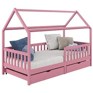 IDIMEX Nuna Kinderbed eenpersoonsbed van hout 90 x 200 cm, met opbergruimte 2 laden, massief grenen, gelakt, roze