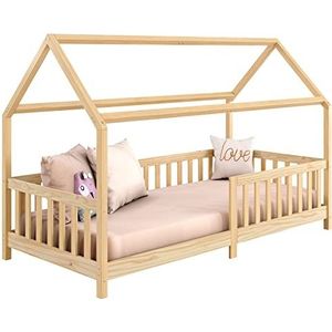 IDIMEX Huisbed Nina van massief grenen, mooi Montessori bed in 90 x 200, minimalistisch kinderbed met dak natuur