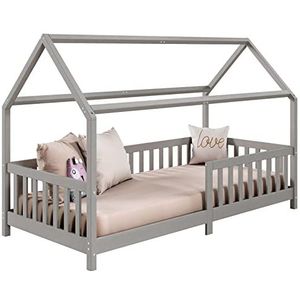 IDIMEX Huisbed Nina van massief grenen, mooi Montessori bed in 90 x 200, minimalistisch kinderbed met dak in grijs