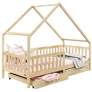 IDIMEX Alva Montessori Kinderbed, eenpersoonsbed, asymmetrisch, van hout, 90 x 200 cm, met opbergruimte voor 2 laden, van massief grenenhout met natuurlijke afwerking