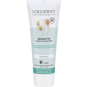 Logodent Natuurlijke cosmetica gevoelige kamille-tandcrème, met mineraal kaliumchloride, werkt rustgevend, vrij van synthetische fluoridetoevoegingen, veganistisch, 2 x 75 ml