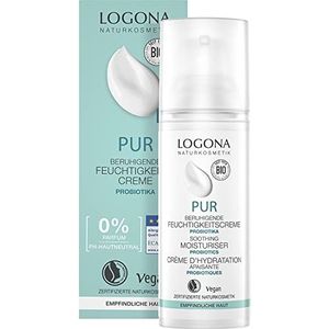 Natuurlijk vochtscherm voor het gezicht met probiotika en biologische sheabutter, voelt de gevoelige huid en intensieve vochtafvoer aan, gecertificeerde natuurlijke cosmetica van LOGONA PUR,