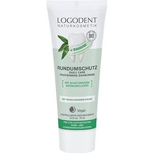 Logodent natuurcosmetica, extra fris, rondom bescherming, dagelijkse verzorging, tandcrème met fluoride, met biologische pepermuntolie, met natriumluoride voor effectieve profylaxe, veganistisch, 1 x 75 ml