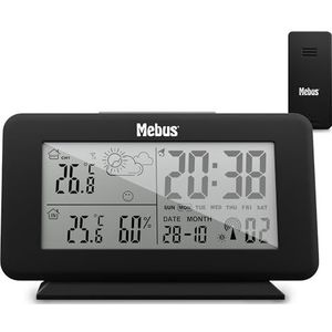 MEBUS digitale Funk Wetterstation mit Außensensor, Thermometer innen/aussen, Temperatur, batteriebetrieben, Wettervorhersage, Farbe: Schwarz, Modell: 40689