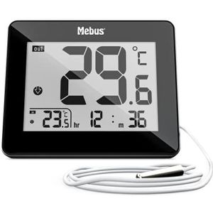 Mebus digitale thermometer voor binnen en buiten met bekabelde buitensensor, tijd, min/max-waarden, kleur: zwart, model: 48432