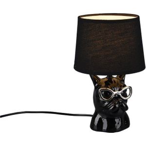 Defibrico - Coole Tischleuchte dosy Keramik Hund, Stoffschirm Ø18cm Schwarz, Höhe 29cm