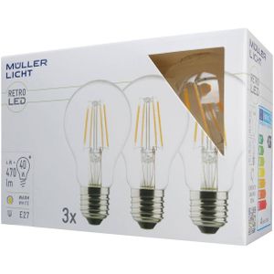 MÜLLER-LICHT Set van 3 retro LED-lampvorm vervangt 40 W, glas, E27, 4 W, zilver, 6 x 6 x 10,6 cm, 3 eenheden