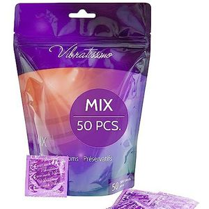 VIBRATISSIMO condooms Mix 50-pack gemengd I authentiek gevoel en extra nat I Condooms voor mannen I Condoomverpakking dunne wanddikte en gearomatiseerd I Condooms met subtiele ribbels en nopjes