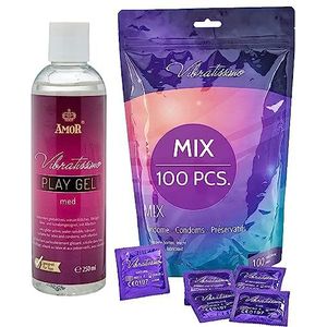 VIBRATISSIMO condoom Mix 100-pack gemengd & glijmiddelset I authentiek gevoel & extra nat I Condoomzakje dunne wanddikte & gearomatiseerd I Condooms ultradun genopt & geribbeld