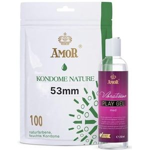 Set AMOR Premium Condoom en Glijmiddel - Ideale partners voor goede seks, 100 Nature Condooms Ø 53 mm + Vibratissimo Play Gel med 250 ml