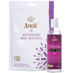 Set AMOR Premium Condoom en Glijmiddel - Ideale partners voor goede seks, 100 Mix Special Condooms Ø 53 mm, 5 soorten + Vibratissimo Play Gel med 250 ml