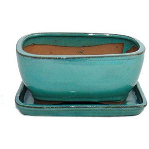 Exotenherz - Bonsai schaal met schotel Gr. 2 - speciaal glazuur turquoise - ovaal - model G92 - L 15,5 cm - B 12,5 cm - H 7 cm