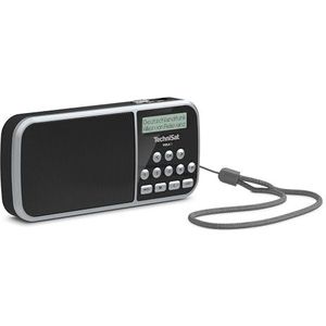 TechniSat VIOLA 3 Draagbare DAB-radio (DAB+, FM, LCD-display, hoofdtelefoonaansluiting, USB, Aux-In, led-zaklamp, batterij, favorietengeheugen, klein, draagbaar, 1 watt RMS luidspreker) zwart