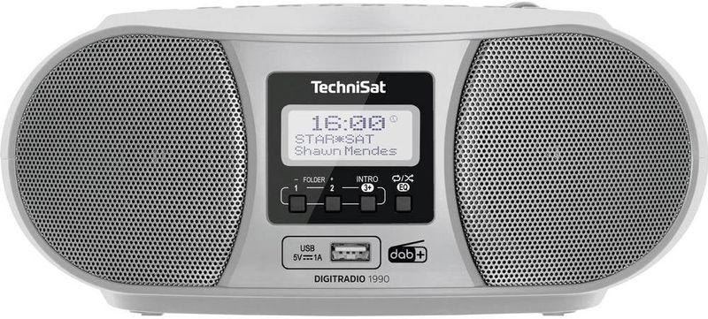 TechniSat DIGITRADIO 1990 - Stereo-boombox met DAB+/FM-radio en CD-speler (Bluetooth-audiostreaming, hoofdtelefoonaansluiting, USB, AUX in, oplaadfunctie, klok, 2 x 1,5 watt uitgangsvermogen) zilver