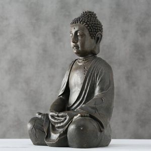 Deco by Boltze Boeddha beeld Zen - kunststeen - antiek donkergrijs - 32 x 26 x 50 cm - home deco en tuin beelden - met open steen structuur