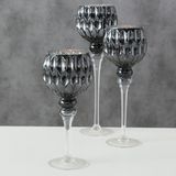 Luxe glazen design kaarsenhouders/windlichten set van 3x stuks antraciet/zilver transparant met formaat tussen de 30 en 40 cm