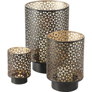 Set van 3x stuks windlichten zwart/goud van metaal tussen de 13 en 27 cm hoogte - Vulling met theelichtjes of stompkaarsen