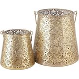 Set van 2x Stuks Windlichten Antiek Goud van Metaal 14.5 en 21 cm Hoogte