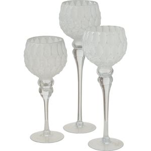 Luxe glazen design kaarsenhouders/windlichten set van 3x stuks zilver/wit met formaat tussen de 30 en 40 cm