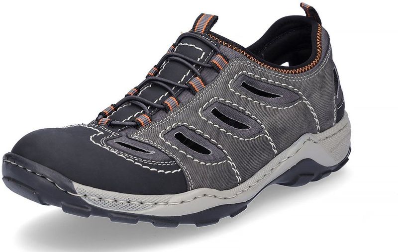 Rieker - Instappers - Zwart Grijs - Leer - Elastiek Sluiting