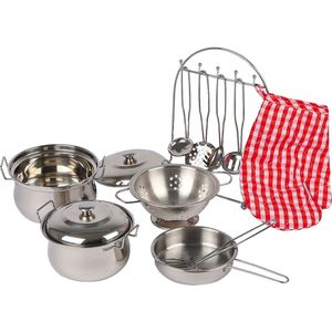 Metalen Kinder Kookgerei Set - 13dlg - Inclusief Ovenwant en Keukengereirek