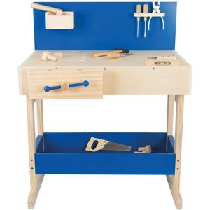 Small Foot Kinderwerkbank in natuur en blauw van hout, met groot werkblad en gereedschap, vanaf 8 jaar, 10839 speelgoed, meerkleurig, standaard maat