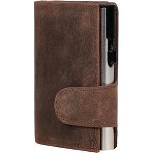 CLICKSAFE® Creditcardhoesje met muntvak en geldvak van bruin leer met zilveren aluminium kluis en RFID-bescherming (kaarthouder, portemonnee, Bruin