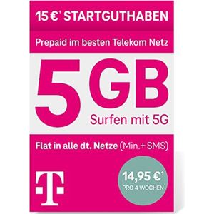 Telekom MagentaMobil Prepaid L, 8 GB gegevensvolume, simkaart zonder contractbinding, Allnet Flat (Min, SMS) in alle Duitse netwerken, EU-roaming, surfen met 5G, LTE Max & Hotspot Flat