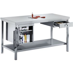 eurokraft basic Werktafel van roestvast staal, 1 onderbouwkast, 1 lade, 1 volledig legbord, breedte 1200 mm