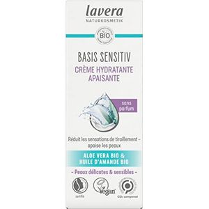 lavera basis sensitiv Kalmerende vochtinbrengende crème - natuurlijke cosmetica - veganistisch - biologische aloë vera & biologische amandelolie - hydraterend - dagverzorging - parfumvrij - PETA