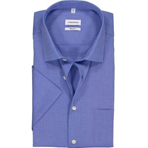 Seidensticker - Blauw Effen Overhemd - 100% Katoen - Korte Mouwen - Kent Kraag