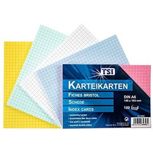 TSI Indexkaarten A6 op kleur gesorteerd, pak van 100, geruit, grootte: DIN A6 (148 x 105 mm), art. nr. 65856