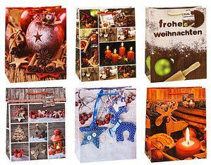 TSI Geschenktüten Weihnachten Serie 6, Polypropylen, B 260 x T 135 x H 320 mm, 12er-Set, 6 Motive sortiert