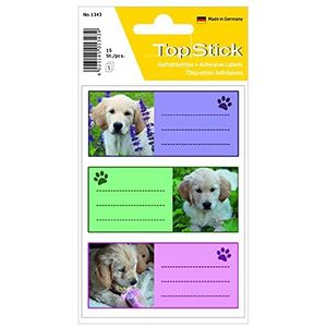 TopStick 1343 boeketiketten, gelinieerd, 76 x 35 mm, 5 vellen, papier, mat), zelfklevend, schoolstickers met hondenmotieven voor kinderen, meisjes en jongens, 15 schoollabels