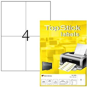 TopStick 8409 100 vellen universele etiketten 105 x 148 mm, 4 per A4-vel, zelfklevend, bedrukbaar, mat, blanco papier, wit