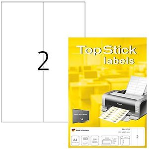 TopStick 8723 universele etiketten A4 groot (105 x 297 mm, 100 velle, papier, mat) zelfklevend, bedrukbaar, permanente klevende adreslabels, 200 etiketten voor printer, wit