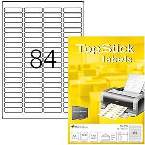 TopStick 8724 universele etiketten A4 mini (46 x 11,1 mm, 100 velle, papier, mat) zelfklevend, bedrukbaar, permanente klevende adreslabels, 8.400 etiketten voor printer, wit