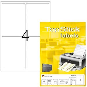 TopStick 8775 universele etiketten A4 (99,1 x 139 mm, 100 velle, papier, mat) zelfklevend, bedrukbaar, permanente klevende adreslabels, 400 etiket voor printer, wit