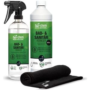 bio-chem badkamer- en sanitairreiniger | 750 ml spray + 1000 ml navulfles | Biologische badkamerreiniger, kalkaanslagreiniger voor badkamer, douche, toilet, wastafel en nog veel meer.