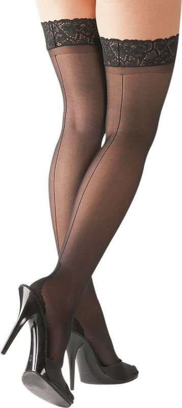 Cottelli Collection – Hold Up Kousen met Mooie Kanten Motief Langs Rand Uitdagend Uiterlijk – Maat XL - Zwart