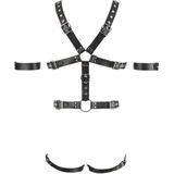 ZADO – Lederen Bondage Body Harnas met 3 Metalen Penis en Testikel Ringen Stoer en Onderdanig Maat S/M – Zwart