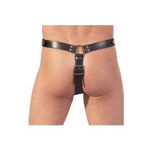 Riemen-String aus Leder mit Penis-/Hodenringen und Dildo