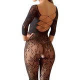 Mandy Mysterie Lingerie – Erotische Catsuit met Bloemen Motief en Vetersluiting voor Perfecte Verleiding – One Size – Zwart