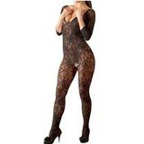 Mandy Mysterie Lingerie – Erotische Catsuit met Bloemen Motief en Vetersluiting voor Perfecte Verleiding – One Size – Zwart