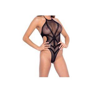 Stringbody - Zwart - Met Netstructuren - Ingeweven Harnas Look - Hoog Uitgesneden