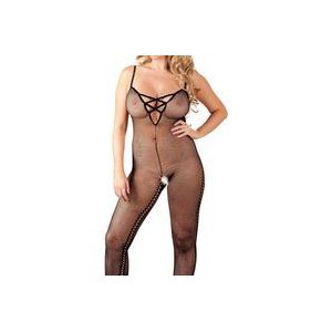 Mandy Mystery Lingerie - Transparante overall met open kruis, bodysuit van netstof, zwart, 2XL/3XL