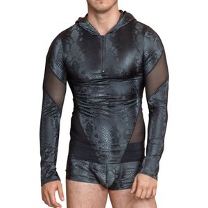 Langarm-Shirt in mattglänzender Schlangenhaut-Optik und Kapuze