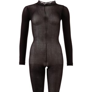 Mandy Mystery Lingerie –  Catsuit met Open Rug en Kruis met Kant Afgewerkt Kraag – Maat S/M - Zwart